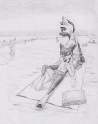 Size: 3267x4129 | Tagged: safe, artist:joestick, imported from derpibooru, oc, oc only, oc:arcalia, oc:kass, earth pony, pony, beach, brother and sister, clothes, coat markings, female, grayscale, lying down, male, mare, monochrome, pencil drawing, pinto, siblings, socks (coat markings), stallion, sunglasses, swimsuit, traditional art, umbrella