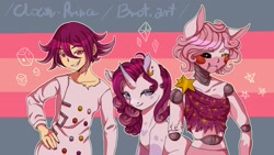 Size: 2560x1440 | Tagged: safe, artist:brot-art, imported from derpibooru, rarity, anthro, human, pony, unicorn, animatronic, danganronpa, female, five nights at freddy's, hand on hip, mangled, mare