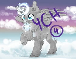 Size: 2793x2148 | Tagged: safe, artist:schokocream, imported from derpibooru, oc, oc only, alicorn, pony, alicorn oc, chest fluff, cloud, commission, ear fluff, glowing, glowing horn, high res, horn, on a cloud, raised hoof, smiling, solo, unshorn fetlocks, wings, your character here