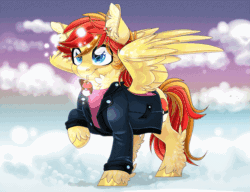 Size: 1133x872 | Tagged: safe, artist:schokocream, imported from derpibooru, oc, oc only, alicorn, pegasus, pony, unicorn, alicorn oc, animated, chest fluff, clothes, cloud, commission, ear fluff, gif, glowing, glowing horn, horn, jacket, on a cloud, pegasus oc, smiling, unicorn oc, wings, ych result