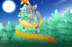 Size: 3685x2423 | Tagged: safe, artist:schokocream, imported from derpibooru, oc, oc only, alicorn, pony, alicorn oc, chest fluff, christmas, christmas tree, commission, ear fluff, full moon, high res, holiday, horn, moon, outdoors, solo, stars, tree, wings, your character here