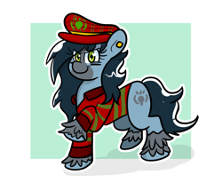Size: 1024x842 | Tagged: safe, artist:tranzmuteproductions, imported from derpibooru, oc, oc only, oc:mad munchkin, earth pony, pony, abstract background, ear piercing, eyelashes, female, hat, mare, piercing, raised hoof, smiling, solo, unshorn fetlocks