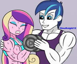 Size: 900x753 | Tagged: safe, artist:dinoknight12, imported from derpibooru, princess cadance, shining armor, equestria girls, alumnus shining armor, barbell, bodybuilder, clothes, dean ca-dense, dean cadance, eyes closed, female, fetish, grin, gritted teeth, male, muscle fetish, muscles, muscular female, muscular male, princess ca-dense, shiningcadance, shipping, simple background, smiling, sports bra, straight, sweat, swelling armor, training, vein, vein bulge, weights