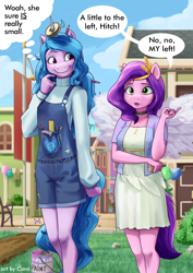 Size: 2480x3508 | Tagged: safe, artist:pwnagespartan, imported from derpibooru, izzy moonbow, pipp petals, anthro, pegasus, unicorn, adorapipp, balloon, choker, clothes, cloud, compass, cute, dialogue, dress, duo, duo female, female, g5, hammer, height supremacy, high res, horn, horn impalement, implied hitch trailblazer, izzy impaling things, izzy is tol, izzybetes, larger female, marelet, my little pony: a new generation, overalls, paint, paint can, pipp is short, screwdriver, size difference, skirt, smaller female, smol, thought bubble, tools, winged humanization, wings