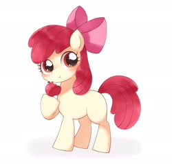 Size: 1942x1858 | Tagged: dead source, safe, artist:ginmaruxx, imported from derpibooru, apple bloom, earth pony, pony, adorabloom, apple, blushing, cute, eating, female, filly, food, herbivore, looking at you, simple background, solo, white background