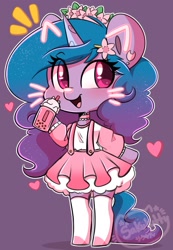 Size: 1417x2048 | Tagged: safe, artist:sakukitty, imported from derpibooru, izzy moonbow, semi-anthro, unicorn, blushing, clothes, dress, female, food, g5, heart, ice cream, looking at you, my little pony: a new generation, simple background, skirt, solo