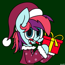 Size: 2405x2386 | Tagged: safe, artist:derpyalex2, imported from derpibooru, oc, oc only, oc:taffy swirl, earth pony, pony, candy, candy cane, christmas, clothes, female, food, hat, high res, holiday, jacket, present, santa hat, sweater