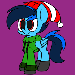 Size: 2344x2344 | Tagged: safe, artist:derpyalex2, imported from derpibooru, oc, oc only, oc:shy-fly, pegasus, pony, beanie, clothes, digital art, hat, high res, hoodie, jacket, male, shoes, sweater, winter outfit