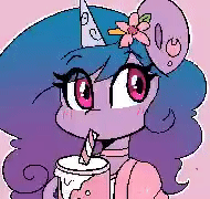 Size: 190x180 | Tagged: safe, artist:sakukitty, imported from derpibooru, izzy moonbow, pony, unicorn, animated, blinking, cherry blossoms, cup, eye clipping through hair, eyebrows, eyebrows visible through hair, female, flower, flower blossom, flower in hair, g5, gif, gif for breezies, heart, mare, my little pony: a new generation, perfect loop, picture for breezies, pixel art, simple background, solo, straw, straw in mouth
