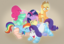 Size: 1496x1040 | Tagged: safe, artist:doodledonutart, imported from derpibooru, applejack, fluttershy, pinkie pie, rainbow dash, rarity, twilight sparkle, earth pony, pegasus, pony, unicorn, butt, clothes, cuddling, cute, eyes closed, female, floppy ears, happy, mane six, mare, open mouth, open smile, plot, pony pile, sleeping, smiling, socks, striped socks, unicorn twilight