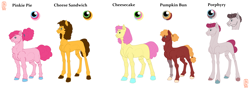Size: 6000x2142 | Tagged: safe, artist:anelaponela, imported from derpibooru, cheese sandwich, li'l cheese, pinkie pie, oc, oc:porphyry, oc:pumpkin bun, earth pony, pony, the last problem, amputee, curly mane, dyed mane, female, freckles, glasses, male, mare, offspring, parent:cheese sandwich, parent:pinkie pie, parents:cheesepie, prosthesis, prosthetic leg, prosthetic limb, prosthetics, simple background, stallion