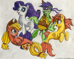 Size: 998x800 | Tagged: safe, artist:bozzerkazooers, imported from derpibooru, applejack, rarity, earth pony, pony, seapony (g4), turtle, unicorn, applejack's hat, april o'neil, colored pupils, cowboy hat, crossover, donatello, dorsal fin, female, fish tail, flowing mane, green eyes, hat, horn, looking at each other, open mouth, seaponified, seapony applejack, seapony rarity, simple background, smiling, species swap, tail, teenage mutant ninja turtles, teeth, white background