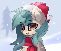 Size: 2689x2257 | Tagged: safe, artist:jfrxd, imported from derpibooru, oc, oc only, oc:peacher, pegasus, pony, bust, chest fluff, christmas, christmas theme, clothes, ear fluff, female, hat, high res, holiday, looking at you, orange eyes, red scarf, santa hat, scarf, smiling, smiling at you, solo, wings