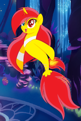Size: 536x802 | Tagged: safe, artist:xxmaikhanhflarexx, imported from derpibooru, oc, oc only, seapony (g4), unicorn, base used, coral, dorsal fin, female, fish tail, flowing mane, flowing tail, horn, ocean, open mouth, open smile, red mane, seaponified, seaquestria, smiling, solo, species swap, tail, underwater, water
