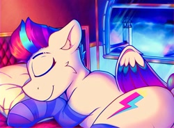 Size: 2878x2123 | Tagged: safe, artist:legionsunite, imported from derpibooru, zipp storm, pegasus, pony, adorazipp, bedroom, butt, clothes, colored wings, cute, eyebrow slit, eyebrows, eyes closed, female, g5, high res, lying down, multicolored wings, my little pony: a new generation, pillow, plot, prone, sleeping, smiling, socks, solo, striped socks, wings