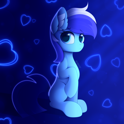 Size: 3000x3000 | Tagged: safe, artist:alexbefest, imported from derpibooru, minuette, earth pony, pony, unicorn, blue, cute, eyebrows, eyebrows visible through hair, eyes open, female, high res, neon, sitting, solo, uwu, without horn