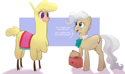 Size: 2028x1204 | Tagged: safe, artist:hitsuji, imported from derpibooru, mayor mare, alpaca, earth pony, them's fightin' herds, basket, cloven hooves, cravat, duo, female, glasses, heart, looking at each other, mare, paprika (tfh), simple background