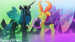 Size: 1280x720 | Tagged: safe, artist:bandanablitzer, imported from derpibooru, queen chrysalis, thorax, changedling, changeling, angry, changeling hive, crown, evil grin, female, green eyes, green mane, grin, horn, horns, jewelry, king thorax, looking at each other, magic, magic aura, male, purple eyes, regalia, signature, sky, smiling, spread wings, wings