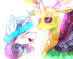 Size: 1024x826 | Tagged: safe, artist:a-vomikaa, imported from derpibooru, princess flurry heart, thorax, alicorn, changedling, changeling, pony, blushing, female, glitter, horn, horns, king thorax, looking at each other, magic, male, open mouth, open smile, purple mane, signature, simple background, smiling, sparkles, spread wings, teeth, white background, wings