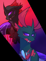 Size: 1536x2048 | Tagged: safe, artist:paintedsnek, imported from derpibooru, pharynx, changedling, changeling, clothes, digital art, fangs, flying, grin, horn, horns, male, prince pharynx, purple eyes, signature, simple background, smiling, solo, teeth, wings