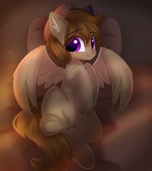 Size: 2480x2775 | Tagged: safe, artist:janelearts, imported from derpibooru, oc, oc only, oc:talu gana, pegasus, pony, bed, commission, commissioner:biohazard, cowboy hat, ear fluff, eyebrows, eyebrows visible through hair, hat, high res, lying down, male, on back, on bed, pegasus oc, pillow, purple eyes, solo, spread wings, stallion, stetson, wings, ych result