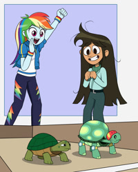 Size: 1200x1500 | Tagged: safe, artist:mew-me, imported from derpibooru, rainbow dash, tank, human, tortoise, equestria girls, crossover, disney, eyebrows, eyebrows visible through hair, female, frown, grin, libby stein-torres, male, open mouth, open smile, smiling, spongebob in the comments, the ghost and molly mcgee