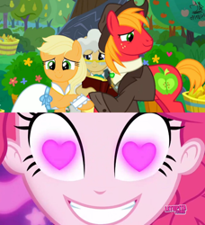 Size: 852x936 | Tagged: safe, edit, edited screencap, imported from derpibooru, screencap, applejack, big macintosh, mayor mare, pinkie pie, coinky-dink world, eqg summertime shorts, equestria girls, the big mac question, applecest, applemac, brother and sister, clothes swap, female, heart eyes, incest, male, meme, pinkie's eyes, shipping, siblings, straight, wingding eyes