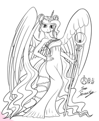 Size: 977x1200 | Tagged: safe, artist:sepiakeys, imported from derpibooru, princess celestia, alicorn, anthro, alternate hairstyle, clothes, crossover, dress, female, monochrome, moon, queen serenity, sailor moon, solo, staff, wings
