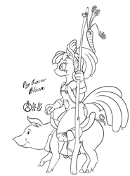 Size: 888x1200 | Tagged: safe, artist:sepiakeys, imported from derpibooru, apple bloom, anthro, pig, unguligrade anthro, carrot, carrot on a stick, clothes, food, monochrome, overalls, solo