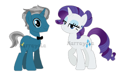 Size: 764x471 | Tagged: safe, artist:marrayala, artist:selenaede, imported from derpibooru, fashion plate, rarity, pony, unicorn, alternate hairstyle, base used, bedroom eyes, bowtie, female, male, mare, rariplate, shipping, simple background, stallion, straight, transparent background, watermark