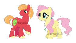 Size: 817x460 | Tagged: safe, artist:marrayala, artist:selenaede, imported from derpibooru, big macintosh, fluttershy, earth pony, pegasus, pony, alternate hairstyle, base used, female, fluttermac, jewelry, male, mare, necklace, scar, shipping, simple background, stallion, straight, transparent background, unshorn fetlocks, watermark