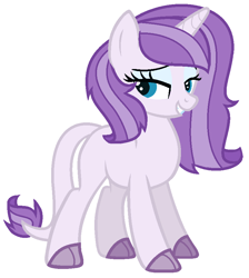 Size: 802x894 | Tagged: safe, artist:cutepuppygirl10, imported from derpibooru, oc, oc only, oc:sapphire, dracony, hybrid, pony, unicorn, blue eyes, eyeshadow, female, full body, horn, interspecies offspring, lidded eyes, makeup, mare, offspring, parent:rarity, parent:spike, parents:sparity, show accurate, simple background, smiling, solo, standing, tail, two toned mane, white background