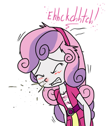 Size: 830x963 | Tagged: safe, artist:anyponedrawn, imported from derpibooru, sweetie belle, human, equestria girls, cold, cute, diasweetes, eyes closed, female, girly, hairband, red nose, simple background, sneezing, transparent background