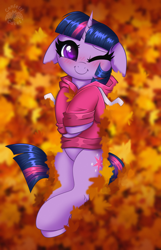 Size: 2580x4000 | Tagged: safe, alternate version, artist:confetticakez, imported from derpibooru, twilight sparkle, alicorn, pony, alternate character, autumn, autumn leaves, blushing, c:, clothes, commission, cute, female, floppy ears, hoodie, leaf, leaves, lying down, mare, on back, one eye closed, patreon, patreon reward, smiling, solo, twiabetes, twilight sparkle (alicorn), wink, ych result