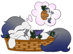 Size: 2562x1910 | Tagged: safe, artist:beigedraws, imported from derpibooru, oc, oc only, oc:misty, pegasus, pony, :3, female, food, herbivore, pineapple, simple background, sleeping, solo, transparent background