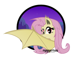 Size: 6500x5282 | Tagged: safe, artist:oobrushstrokeoo, imported from derpibooru, fluttershy, bat pony, pony, absurd resolution, bat ponified, bat wings, fangs, female, flutterbat, looking at you, looking back, looking back at you, mare, night, partial background, race swap, red eyes, simple background, solo, spread wings, transparent background, wings