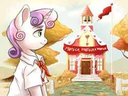 Size: 1280x960 | Tagged: safe, artist:gloomydinosaur, imported from derpibooru, sweetie belle, pony, unicorn, clothes, cyrillic, female, flagpole, neckerchief, pioneer, ponyville schoolhouse, school uniform, shirt, solo, soviet, soviet union, translated in the comments