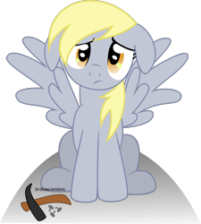 Size: 1409x1566 | Tagged: safe, artist:oobrushstrokeoo, imported from derpibooru, derpy hooves, pegasus, pony, female, floppy ears, mare, pickaxe, sad, simple background, solo, transparent background