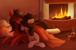 Size: 4500x3000 | Tagged: safe, artist:neonishe, imported from derpibooru, oc, oc only, pegasus, pony, unicorn, complex background, duo, female, fireplace, floppy ears, hug, male, oc x oc, pillow, plushie, shipping, straight, winghug, wings