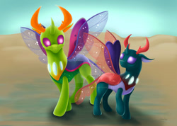 Size: 1280x909 | Tagged: safe, artist:safizejaart, imported from derpibooru, pharynx, thorax, changedling, changeling, brothers, butterfly wings, changedling brothers, clothes, deviantart watermark, digital art, glitter, glowing, horns, king thorax, looking at each other, male, obtrusive watermark, prince pharynx, purple eyes, siblings, signature, sky, smiling, sparkles, spread wings, watermark, wings