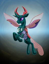 Size: 1024x1326 | Tagged: safe, artist:amalgamzaku, imported from derpibooru, pharynx, changedling, changeling, blue background, butterfly wings, clothes, deviantart watermark, flying, glitter, horn, horns, male, obtrusive watermark, prince pharynx, purple eyes, red wings, simple background, sky, solo, spread wings, watermark, wings