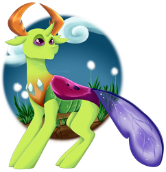 Size: 1024x1059 | Tagged: safe, artist:crecious, imported from derpibooru, thorax, changedling, changeling, clothes, cloud, glitter, grass, horns, king thorax, male, purple eyes, signature, simple background, sky, solo, transparent background