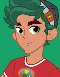 Size: 434x554 | Tagged: safe, imported from derpibooru, timber spruce, human, equestria girls, legend of everfree, camp everfree logo, camp everfree outfits, green background, green eyes, hat, looking at you, male, official, simple background, smiling