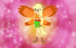 Size: 1042x663 | Tagged: safe, artist:selenaede, artist:user15432, imported from derpibooru, applejack, fairy, equestria girls, base used, belt, boots, charmix, clothes, cowboy hat, crossover, cutie mark, cutie mark on clothes, element of honesty, fairy wings, fairyized, female, hand on hip, hat, high heel boots, high heels, magic winx, orange wings, ponied up, shoes, solo, wings, winx, winx club, winxified