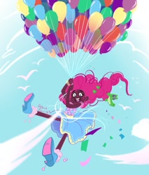 Size: 1024x1200 | Tagged: safe, artist:deanne_go, imported from derpibooru, gummy, pinkie pie, human, balloon, beautiful, blacktober, clothes, dark skin, dress, female, floating, flying, high heels, humanized, pink hair, shoes, then watch her balloons lift her up to the sky