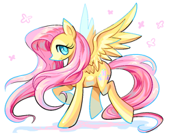 Size: 1000x800 | Tagged: safe, artist:noneimagines, imported from derpibooru, fluttershy, pegasus, pony, colored pupils, female, looking at you, mare, profile, raised hoof, solo, spread wings, wings