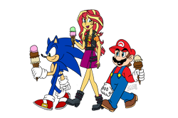 Size: 2550x1689 | Tagged: safe, artist:arcadegamemaster, imported from derpibooru, sunset shimmer, human, equestria girls, equestria girls series, crossover, food, geode of empathy, ice cream, ice cream cone, magical geodes, mario & sonic, mario and sonic, nintendo, sega, sonic the hedgehog, sonic the hedgehog (series), super mario bros.