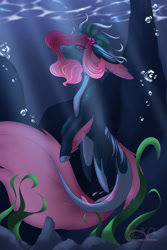 Size: 1280x1921 | Tagged: safe, artist:sleepydemon18, imported from derpibooru, oc, oc only, hybrid, merpony, original species, seapony (g4), bubble, clothes, crepuscular rays, dorsal fin, female, fins, fish tail, flowing mane, flowing tail, ocean, pink mane, purple eyes, rock, seaweed, signature, solo, sunlight, swimming, tail, underwater, water