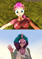 Size: 3096x4320 | Tagged: safe, artist:marianokun, imported from derpibooru, izzy moonbow, sunny starscout, anthro, unicorn, spoiler:my little pony: a new generation, 3d, breasts, busty izzy moonbow, busty sunny starscout, clothes, g4, g5, g5 to g4, generation leap, grass, hi new friend, looking at each other, mini comic, my little pony: a new generation, scene interpretation, screencap reference, sky, smiling, source filmmaker