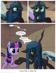 Size: 1200x1552 | Tagged: safe, artist:deusexequus, imported from derpibooru, queen chrysalis, twilight sparkle, alicorn, changeling, changeling queen, pony, comic:fix, comic, cut mid-sentence, duo, duo female, eyeshadow, female, frown, holding hooves, lidded eyes, makeup, mare, open mouth, smiling, speech bubble, talking, twilight sparkle (alicorn)